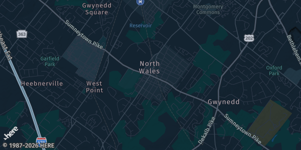 Map of North Wales, PA. The exact address of Montgomery Mall is not known, so the map shows the area rather than a specific building.