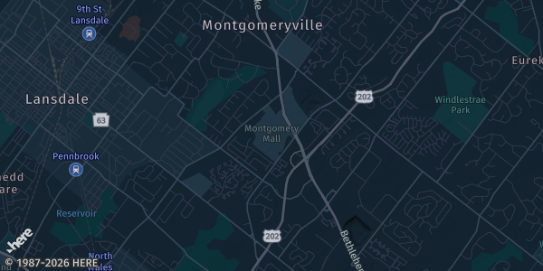 Map of North Wales, PA. The exact address of Moorestown Mall is not known, so the map shows the area rather than a specific building.