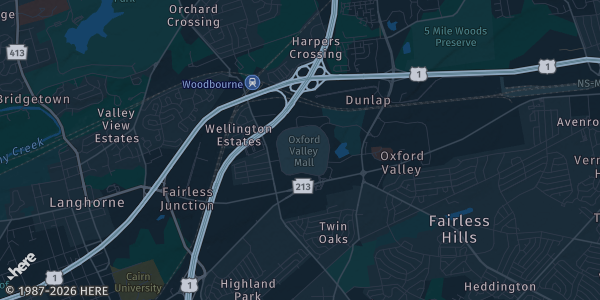 Map of Langhorne, PA. The exact address of Oxford Valley Mall is not known, so the map shows the area rather than a specific building.