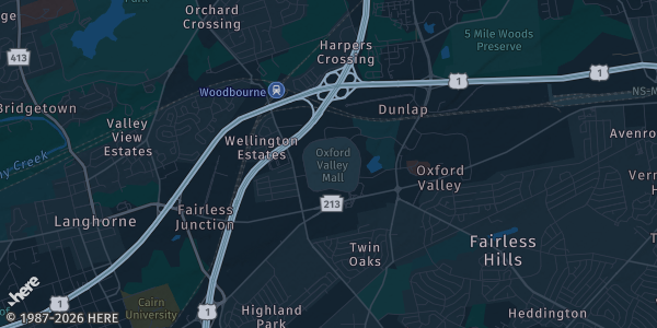 Map of Langhorne, PA. The exact address of Oxford Valley Mall is not known, so the map shows the area rather than a specific building.