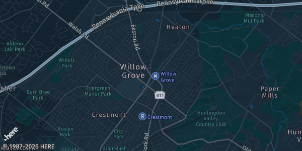 Map of Willow Grove, PA. The exact address of Willow Grove Park Mall is not known, so the map shows the area rather than a specific building.