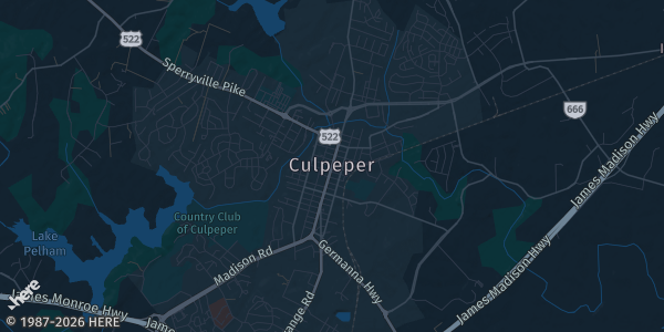 Map of Culpeper, VA. The exact address of Peppers Grill is not known, so the map shows the area rather than a specific building.