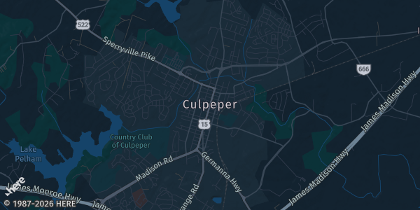 Map of Culpeper, VA. The exact address of Peppers Grill is not known, so the map shows the area rather than a specific building.