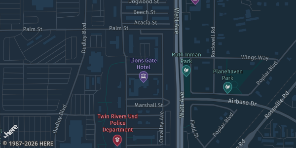 Map showing The Lions Gate Hotel, Officers Club in McClellan, CA.