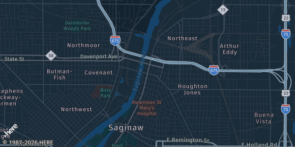 Map of Saginaw, MI. The exact address of Kochville Veterans Hall is not known, so the map shows the area rather than a specific building.
