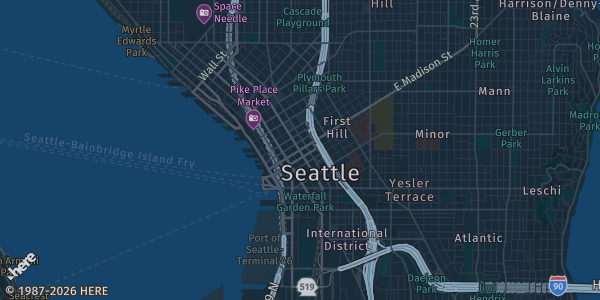 Map of Seattle, WA. The exact address of Sakura-Con is not known, so the map shows the area rather than a specific building.