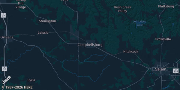 Map of Campbellsburg, IN. The exact address of West Washington Jr. Sr. High School is not known, so the map shows the area rather than a specific building.