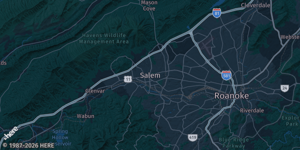 Map of Salem, VA. The exact address of American Legion Post #3 is not known, so the map shows the area rather than a specific building.
