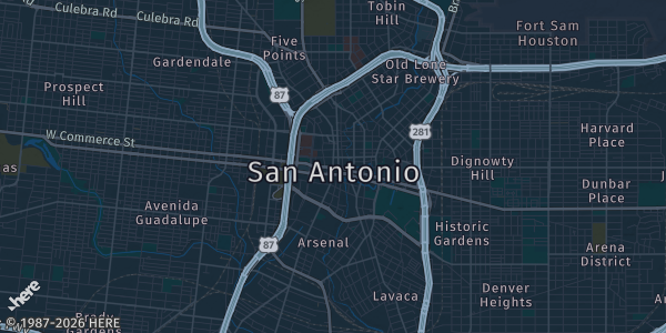 Map of San Antonio, TX. The exact address of San Antonio Shrine Auditorium is not known, so the map shows the area rather than a specific building.