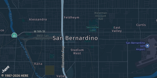Map of San Bernardino, CA. The exact address of San Manuel Stadium is not known, so the map shows the area rather than a specific building.