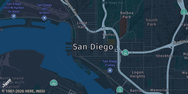 Map of San Diego, CA. The exact address of Sheraton San Diego Resort is not known, so the map shows the area rather than a specific building.