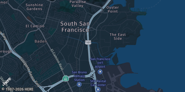 Map of South San Francisco, CA. The exact address of South San Francisco Conference Center, 255 South Airport Blvd is not known, so the map shows the area rather than a specific building.