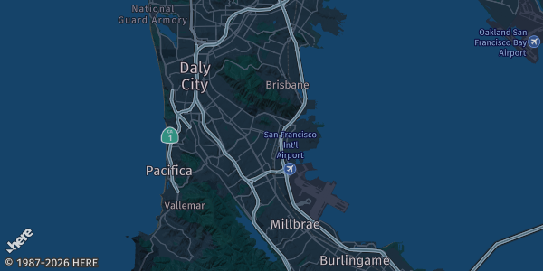 Map of South San Francisco, CA. The exact address of DoubleTree Hotel S. Airport Blvd. is not known, so the map shows the area rather than a specific building.