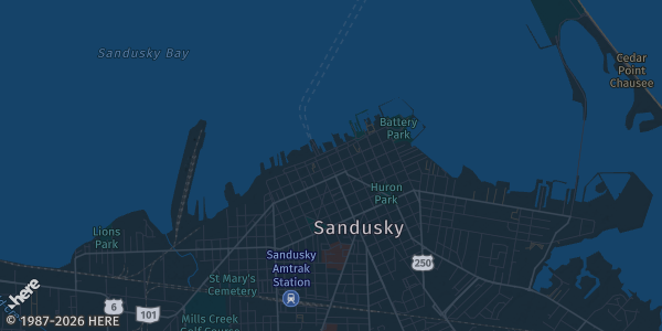 Map of Sandusky, OH. The exact address of American Legion Post 83 is not known, so the map shows the area rather than a specific building.