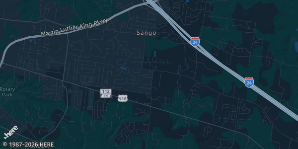 Map of Sango, TN. The exact address of Sango UMC is not known, so the map shows the area rather than a specific building.