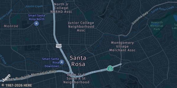 Map of Santa Rosa, CA. The exact address of Santa Rosa Veterans Memorial Building, 1351 Maple Ave is not known, so the map shows the area rather than a specific building.