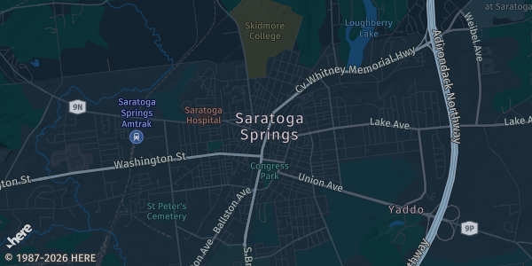 Map of Saratoga Springs, NY. The exact address of Saratoga Springs City Center is not known, so the map shows the area rather than a specific building.
