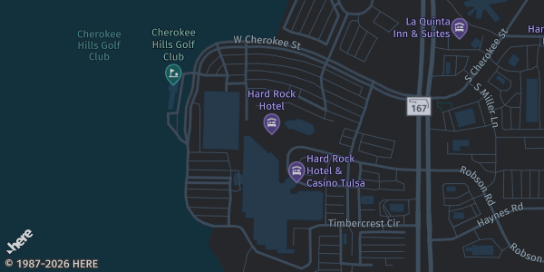 Map showing Hard Rock Casino Tulsa in Catoosa, OK.