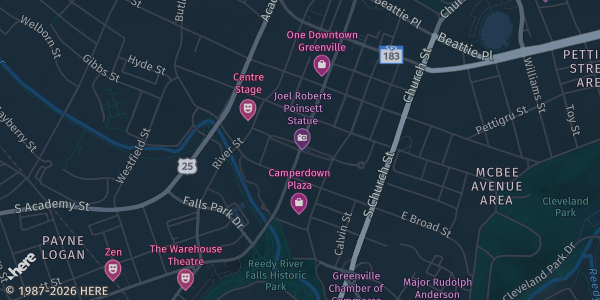 Map showing Greenville Convention Center in Greenville, SC.