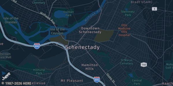 Map of Schenectady, NY. The exact address of VIAPORT Rotterdam is not known, so the map shows the area rather than a specific building.