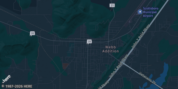 Map of Scottsboro, AL. The exact address of Scottsboro Civic Center is not known, so the map shows the area rather than a specific building.