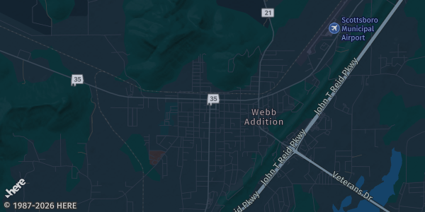 Map of Scottsboro, AL. The exact address of Scottsboro Civic Center is not known, so the map shows the area rather than a specific building.