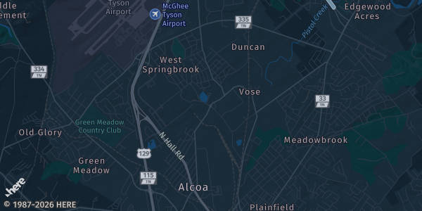 Map of Alcoa, TN. The exact address of Knoxville Airport Hilton is not known, so the map shows the area rather than a specific building.