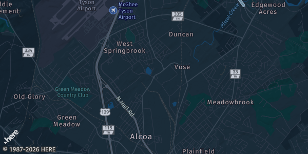 Map of Alcoa, TN. The exact address of Knoxville Airport Hilton is not known, so the map shows the area rather than a specific building.