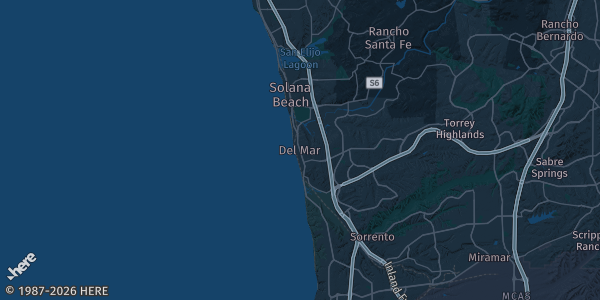 Map of Del Mar, CA. The exact address of Bing Crosby Hall - Del Mar Fairgrounds is not known, so the map shows the area rather than a specific building.