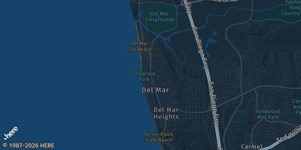 Map of Del Mar, CA. The exact address of Del Mar Fairgrounds Bing Cosby Building is not known, so the map shows the area rather than a specific building.