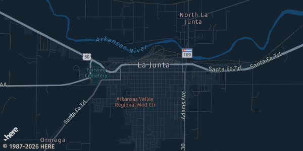 Map of LaJunta, CO. The exact address of Rizzuto Banquet Room-Otero College is not known, so the map shows the area rather than a specific building.