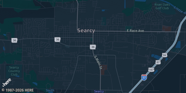 Map of Searcy, AR. The exact address of Carmichael Community Center is not known, so the map shows the area rather than a specific building.