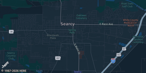 Map of Searcy, AR. The exact address of Carmichael Community Center is not known, so the map shows the area rather than a specific building.