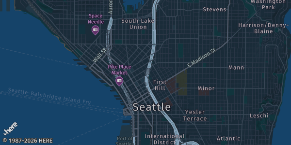 Map of Seattle, WA. The exact address of Seattle Convention Center is not known, so the map shows the area rather than a specific building.