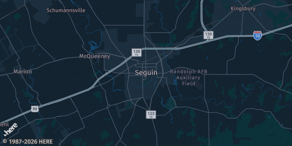 Map of Seguin, TX. The exact address of KC Hall is not known, so the map shows the area rather than a specific building.