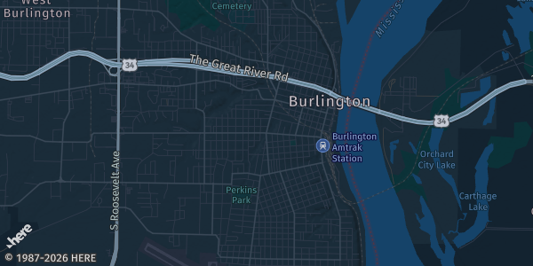 Map of Burlington, IA. The exact address of Fun City Courts at Great River Casino Resort is not known, so the map shows the area rather than a specific building.