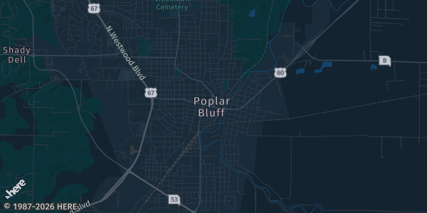 Map of Poplar Bluff, MO. The exact address of Black River Coliseum is not known, so the map shows the area rather than a specific building.