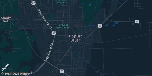 Map of Poplar Bluff, MO. The exact address of Black River Coliseum is not known, so the map shows the area rather than a specific building.