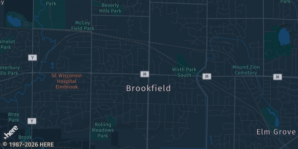 Map of Broofield, WI. The exact address of Brookfield Square Mall is not known, so the map shows the area rather than a specific building.
