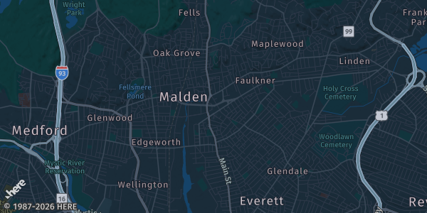 Map of Malden, MA. The exact address of MIXX 360 Nightlife is not known, so the map shows the area rather than a specific building.