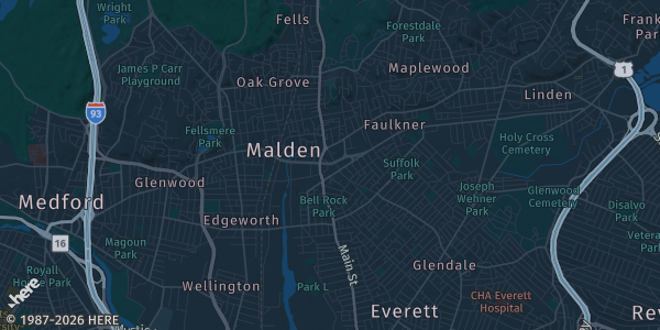 Map of Malden, MA. The exact address of MIXX 360 Nightlife is not known, so the map shows the area rather than a specific building.