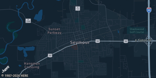 Map of Seymour, IN. The exact address of Buckets Basketball Training is not known, so the map shows the area rather than a specific building.