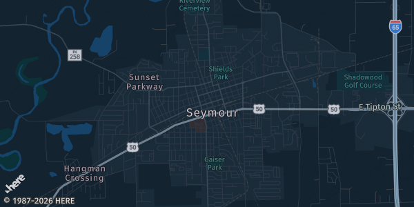 Map of Seymour, IN. The exact address of Buckets Basketball Training is not known, so the map shows the area rather than a specific building.
