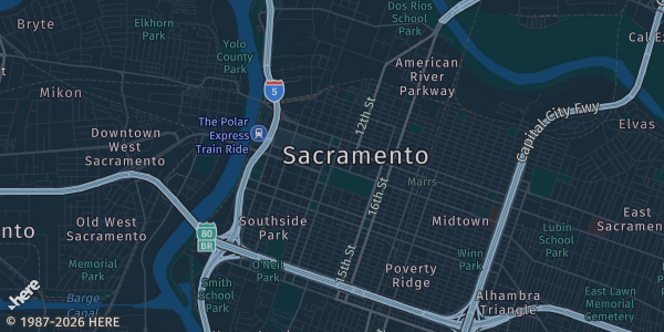 Map of Sacramento, CA. The exact address of Sacramento Indoor Gun Range is not known, so the map shows the area rather than a specific building.