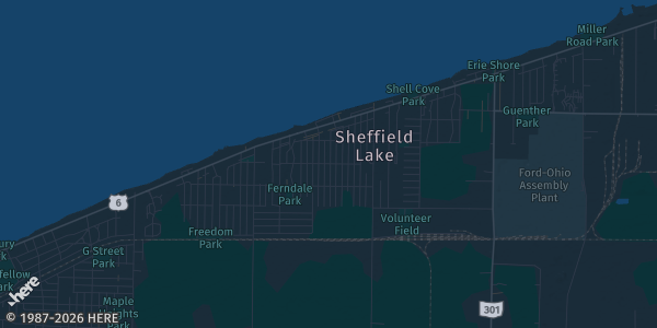 Map of Sheffield Lake, OH. The exact address of Joyce E. Hanks Community Center is not known, so the map shows the area rather than a specific building.