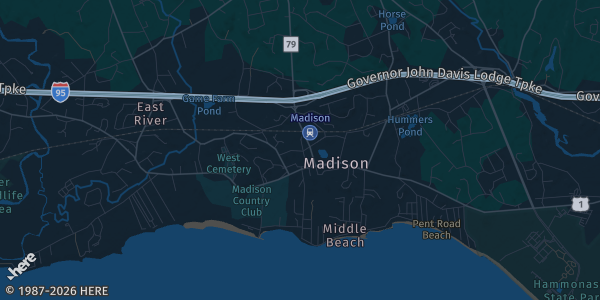 Map of Madison, CT. The exact address of American Legion is not known, so the map shows the area rather than a specific building.