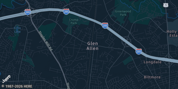 Map of Glen Allen, VA. The exact address of Drury Plaza Hotel Richmond is not known, so the map shows the area rather than a specific building.