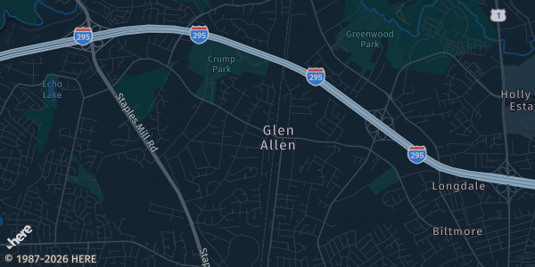 Map of Glen Allen, VA. The exact address of Drury Plaza Hotel Richmond is not known, so the map shows the area rather than a specific building.