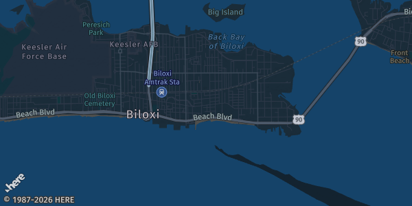 Map of Biloxi, MS. The exact address of 𝗠𝗶𝗱 𝗦𝗼𝘂𝘁𝗵 𝗖𝗮𝗿𝗱 𝗖𝗼𝗻 is not known, so the map shows the area rather than a specific building.