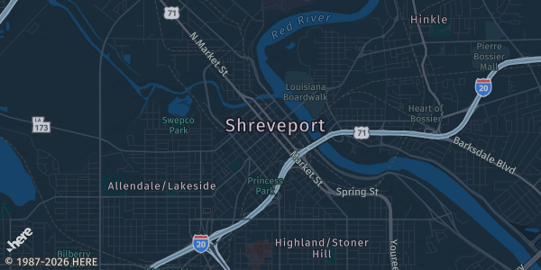 Map of Shreveport, LA. The exact address of AcroSports and The Fieldhouse is not known, so the map shows the area rather than a specific building.